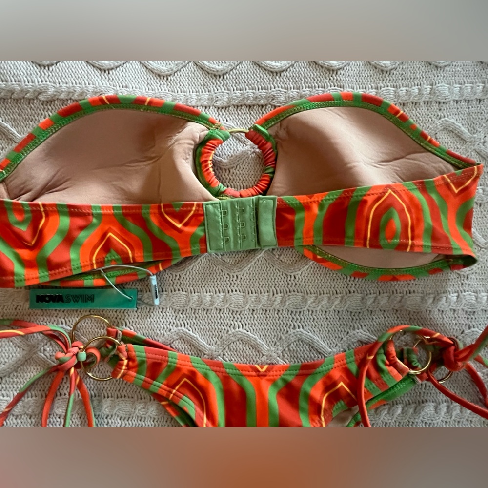 Fashion Nova Orange & Green Bikini Thong Metal Hardware on Hips Women’s SZ L - Picture 3 of 11